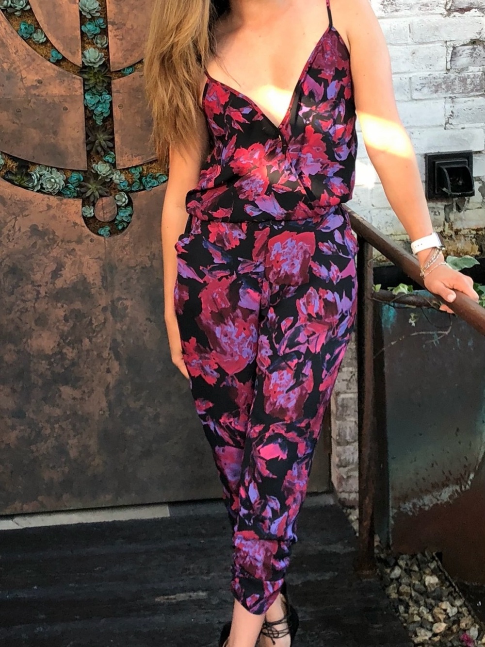 Eight Sixty Black Jumpsuit with Pink and Purple Floral Print